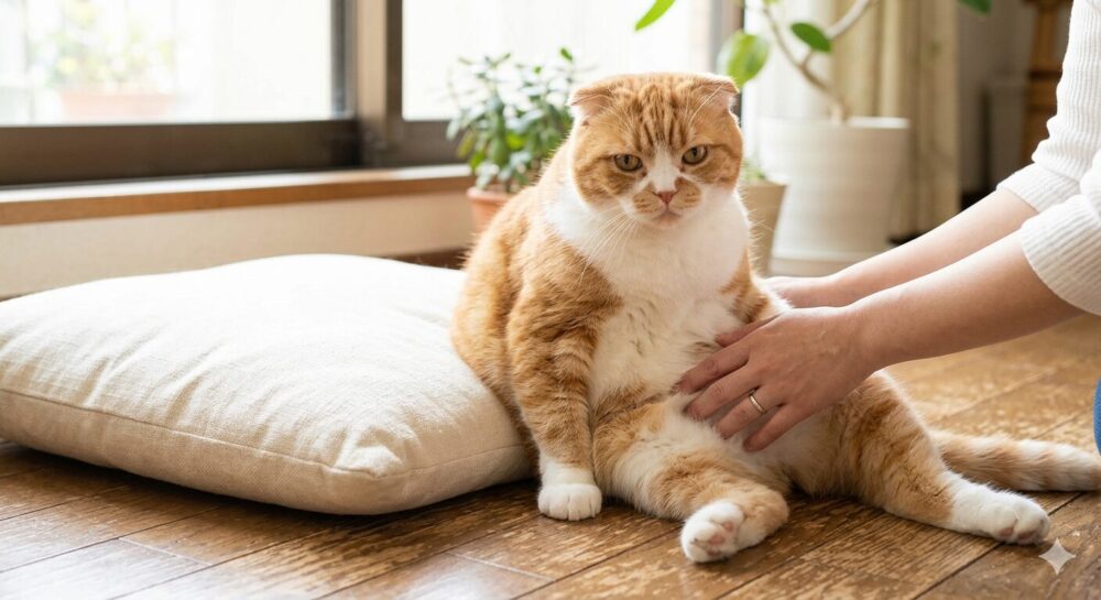 明るく、清潔な日本のフローリングのリビングルームで、丸々としたスコティッシュフォールドの猫が、柔らかいクッションの横で少し重たそうに座っています。猫はカメラを向いており、飼い主の女性の手（指輪を着用）が猫の腹部を心配そうに撫でています。背景には、観葉植物と柔らかな光が差し込む窓。写真スタイルで、自然な光と浅い被写界深度。猫の毛並みは柔らかく表現されており、温かみがありつつも、真剣さを伝える。